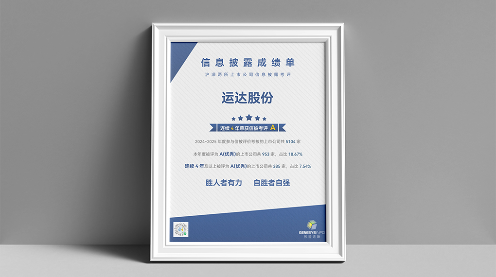 运达连续4年荣获上市公司信息披露最高评级“A”级